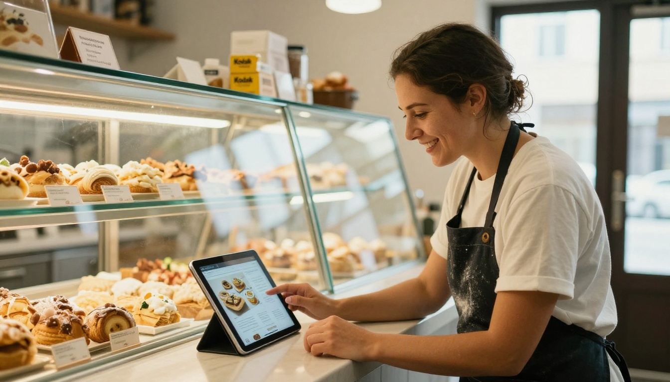 A bakery owner looking at a tablet showing a digital brochure