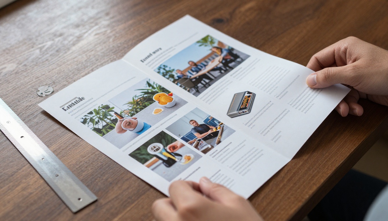 Hands holding a freshly printed tri-fold newsletter over a walnut table