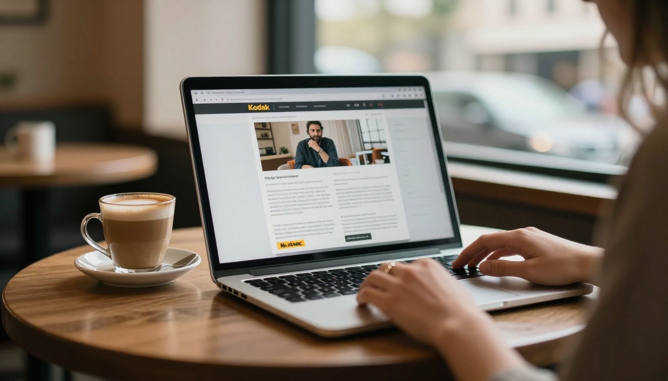Laptop on a cafe table displaying a digital newsletter with a hero photo