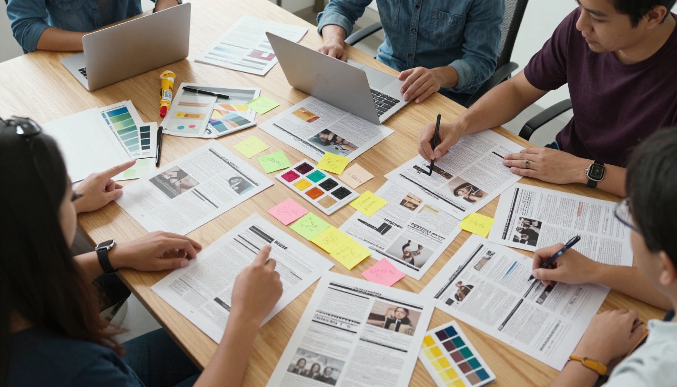 Design team around a table covered with printed newsletter layouts