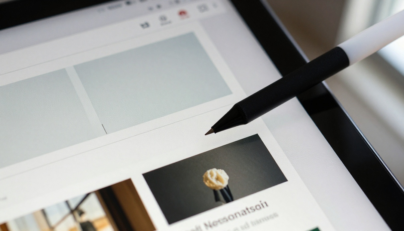 Macro close-up of a tablet screen showing a newsletter template grid