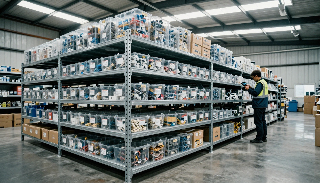 Rows of labeled parts in a factory warehouse