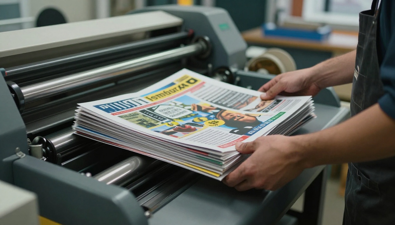 Print shop worker lifting a stack of folded newsletters from a press tray