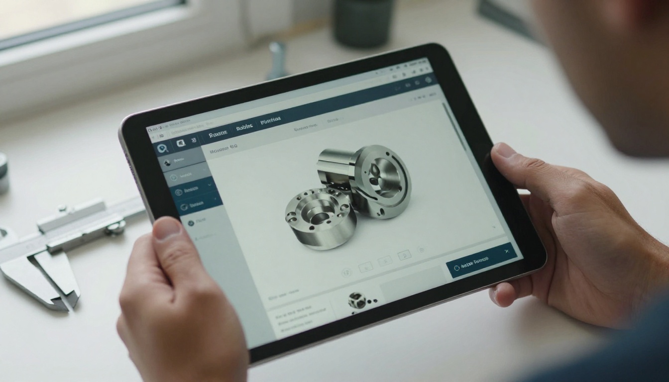 Engineer holding a tablet with a digital product catalog