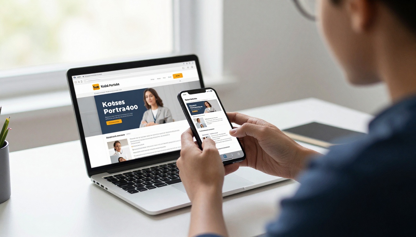 Small business owner with a phone showing a newsletter and a laptop showing a flipbook