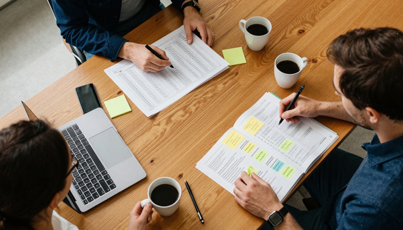 Aerial view of a team comparing catalog options at a table