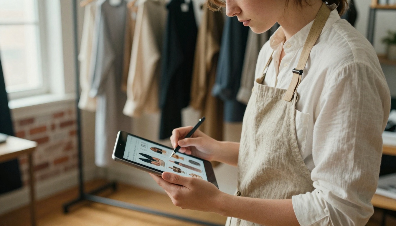 Fashion designer reviewing a lookbook layout on a tablet in a sunlit atelier