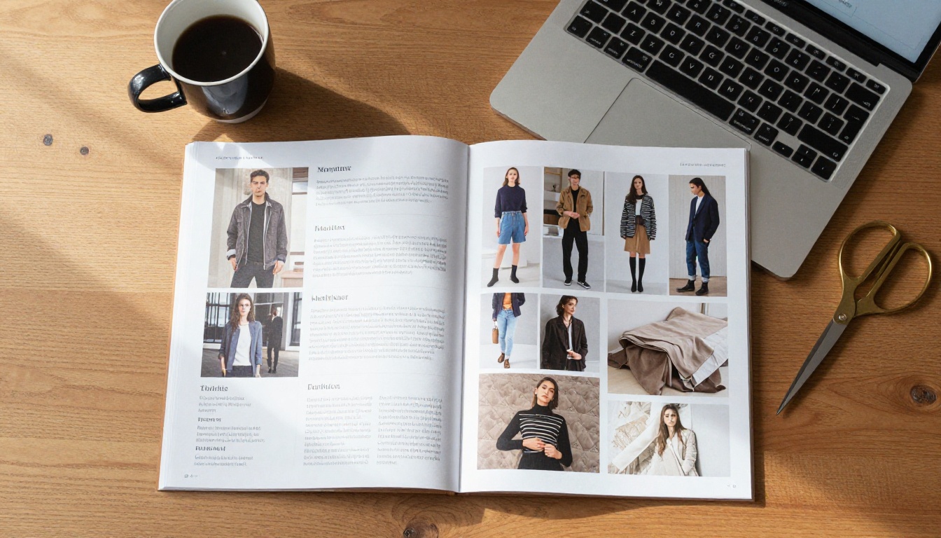 Top-down view of a desk covered with printed lookbook pages, fabric swatches and a laptop