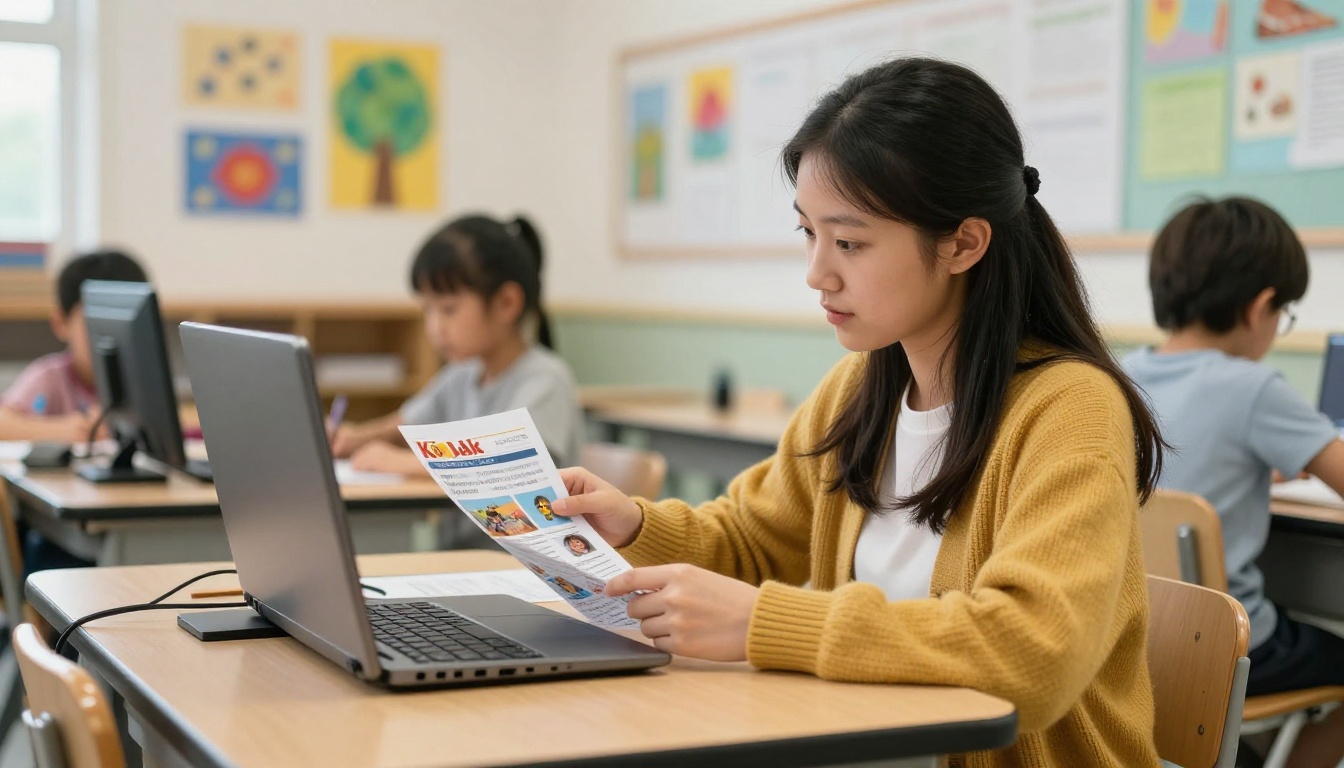 School communications coordinator checking a printed school newsletter against a monitor
