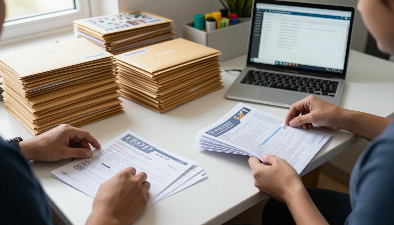 Volunteers folding printed newsletters beside a laptop with an email dashboard