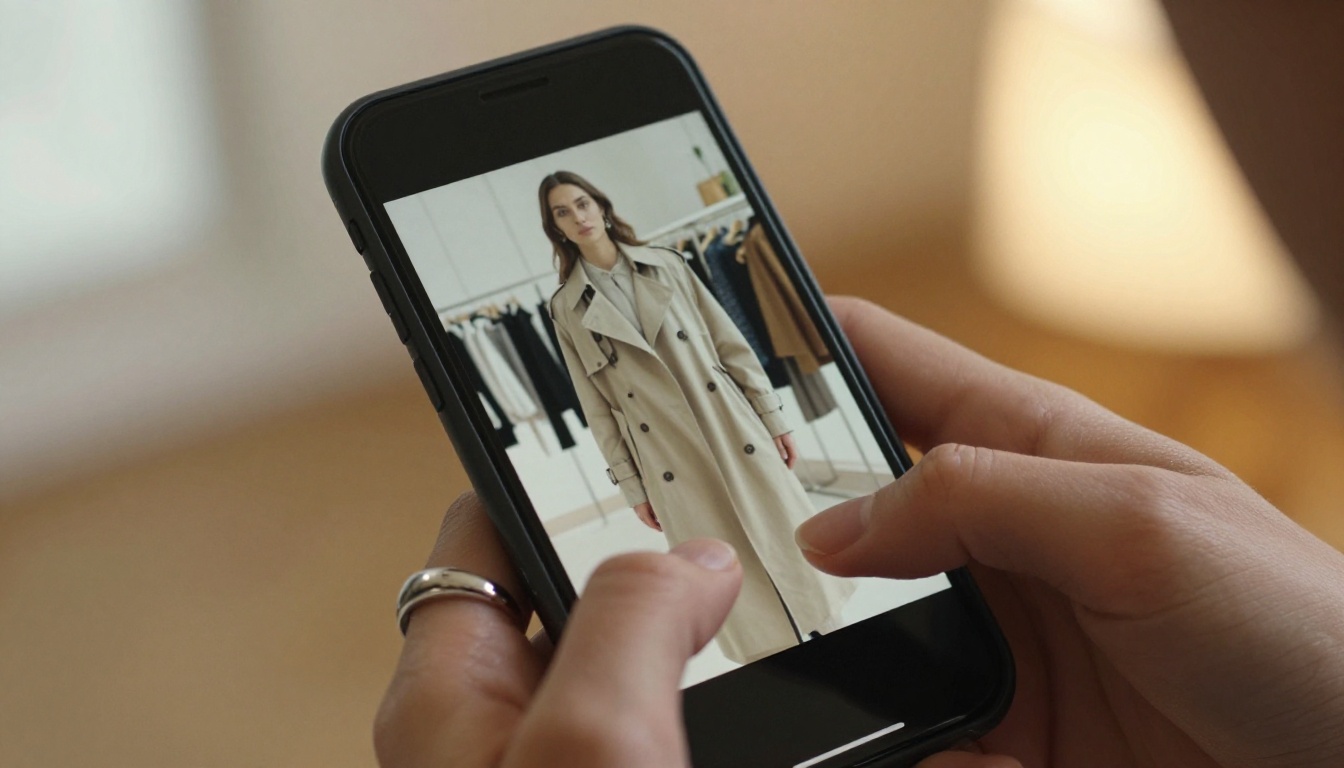 Hands swiping through a digital lookbook on a smartphone in a boutique