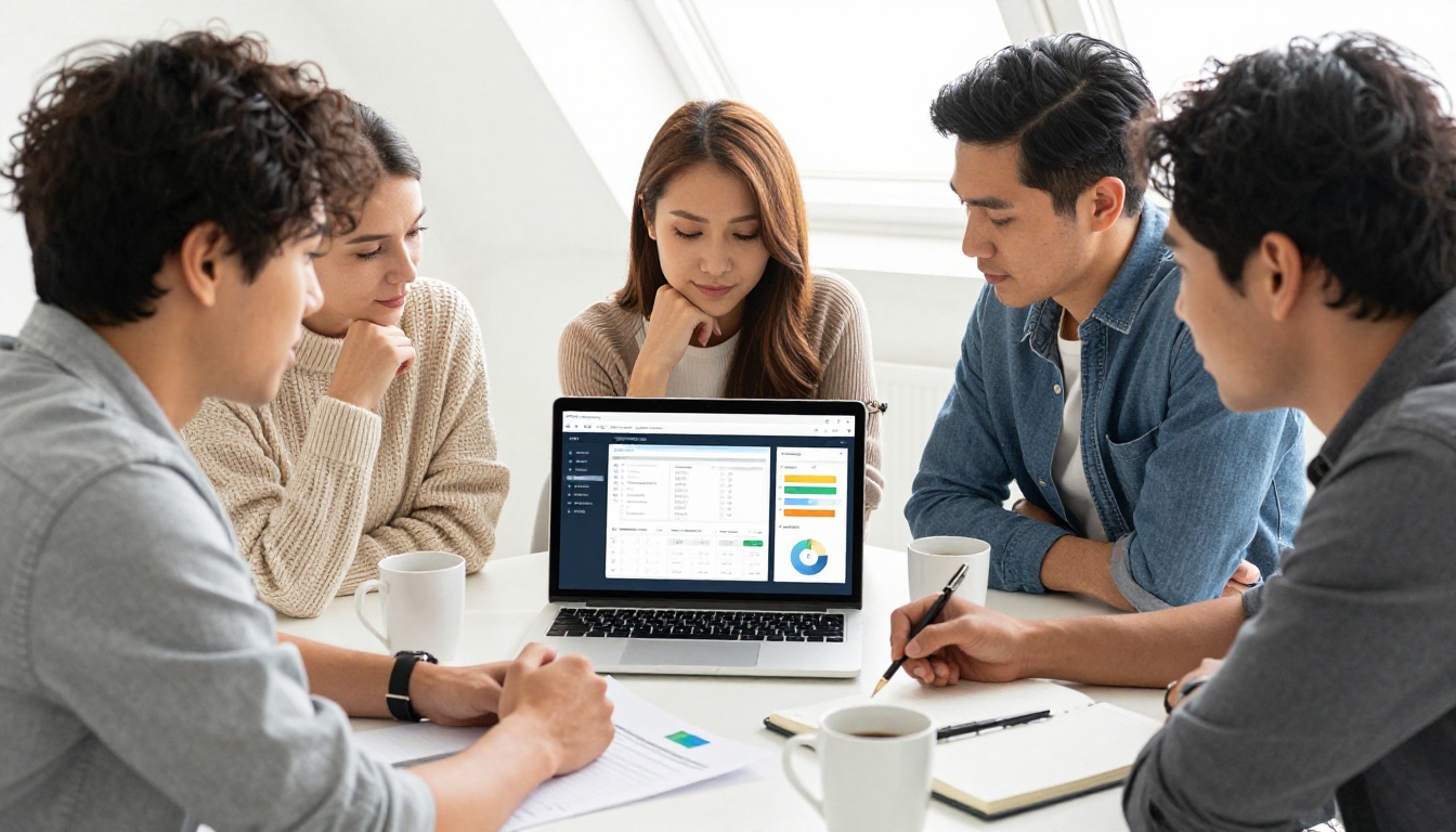 Entrepreneurs around a table reviewing a digital catalog