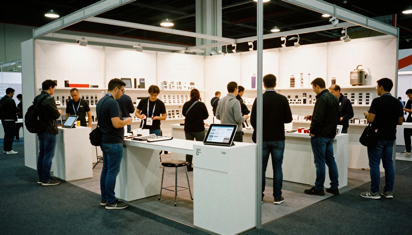 Trade show booth displaying a manufacturer catalog on a tablet