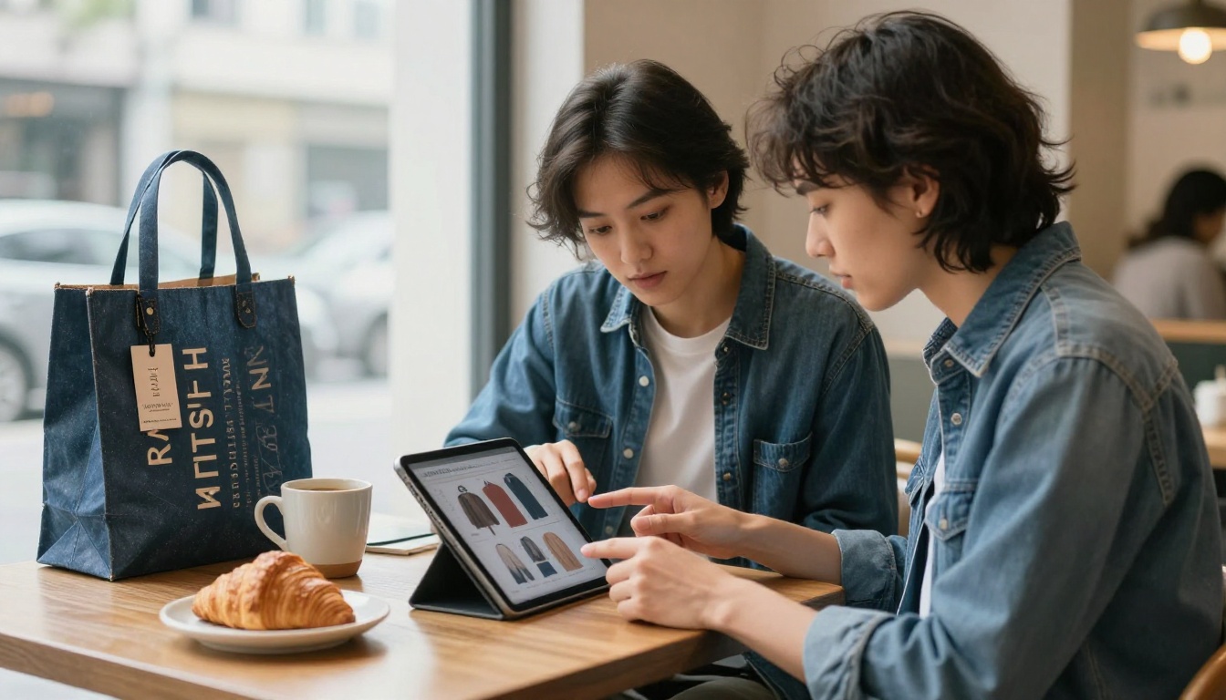 Two founders reviewing a lookbook on a tablet at a cafe table