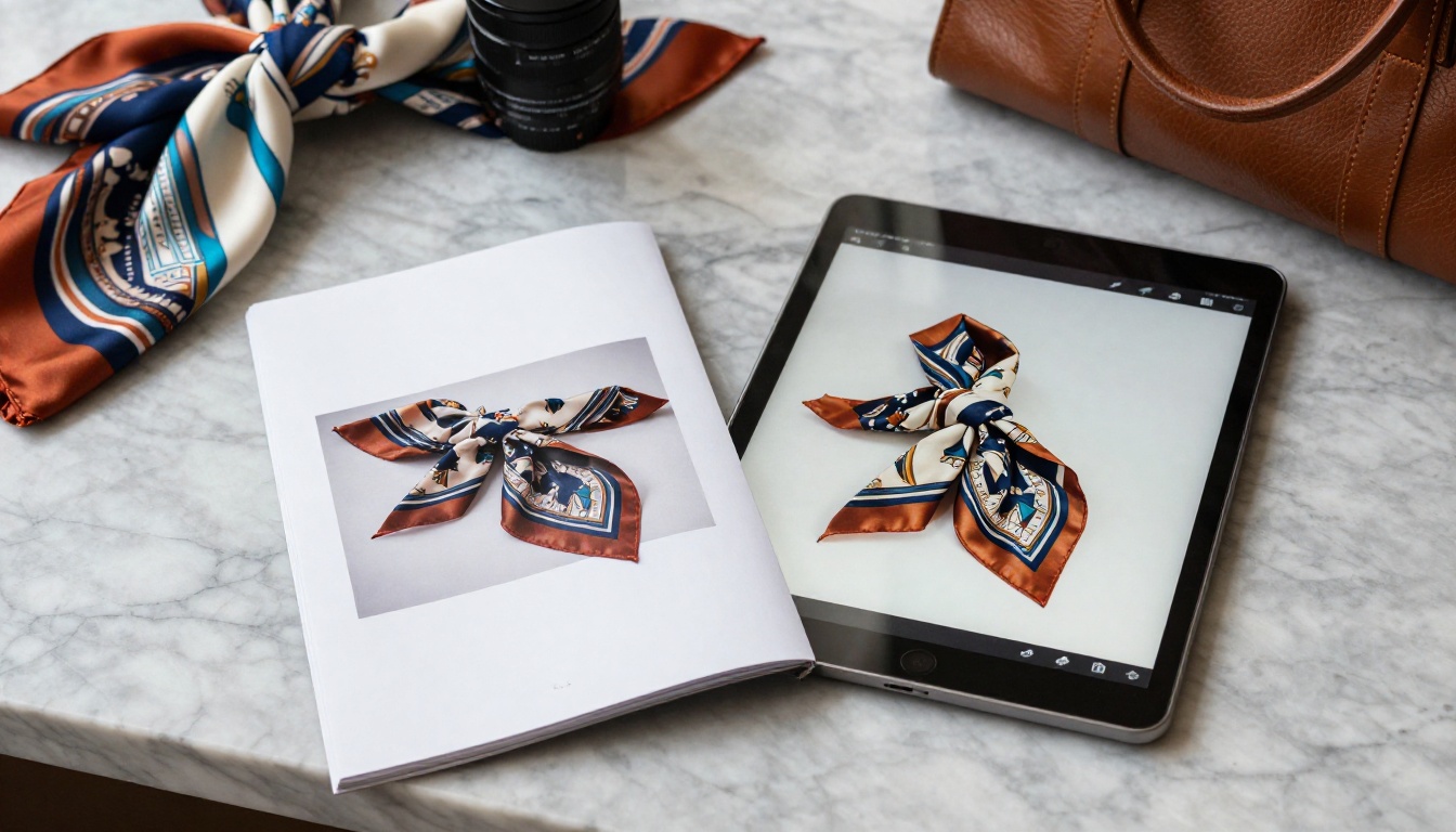 Printed lookbook booklet beside a tablet showing the same pages as a digital flipbook