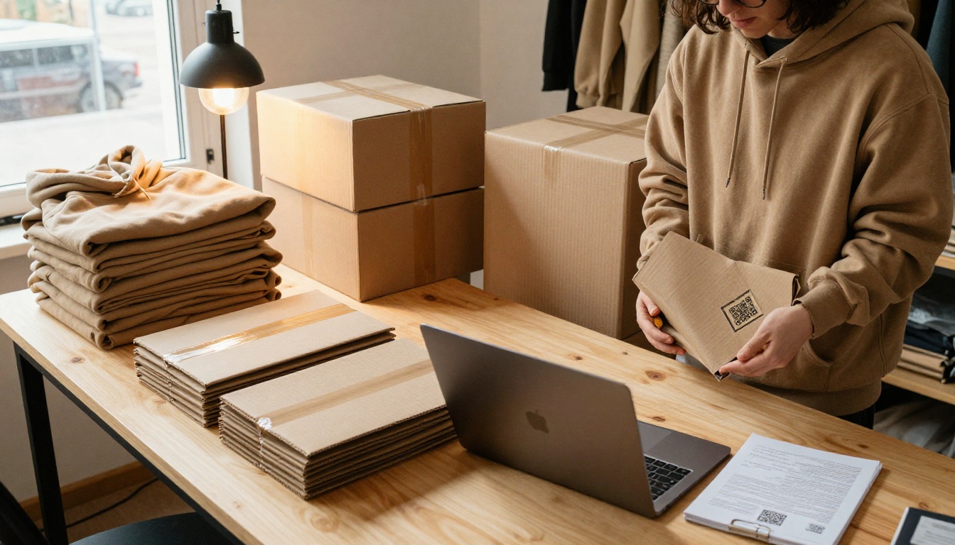 Candid workshop scene with packed orders, hoodies and a laptop showing a lookbook