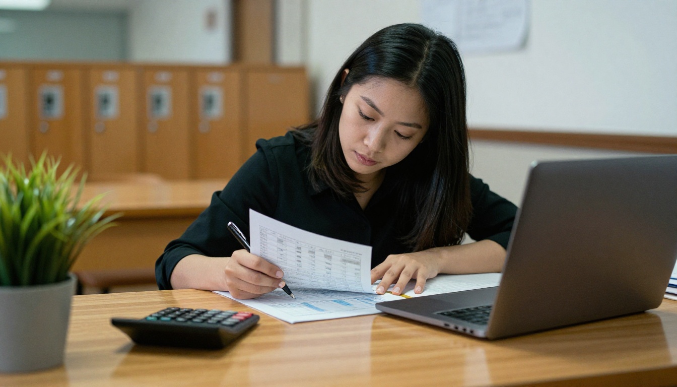 A school secretary reviewing a budget spreadsheet at her desk