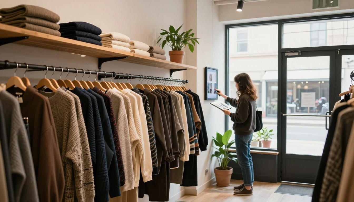 Boutique showroom where a customer browses a lookbook on a wall-mounted tablet