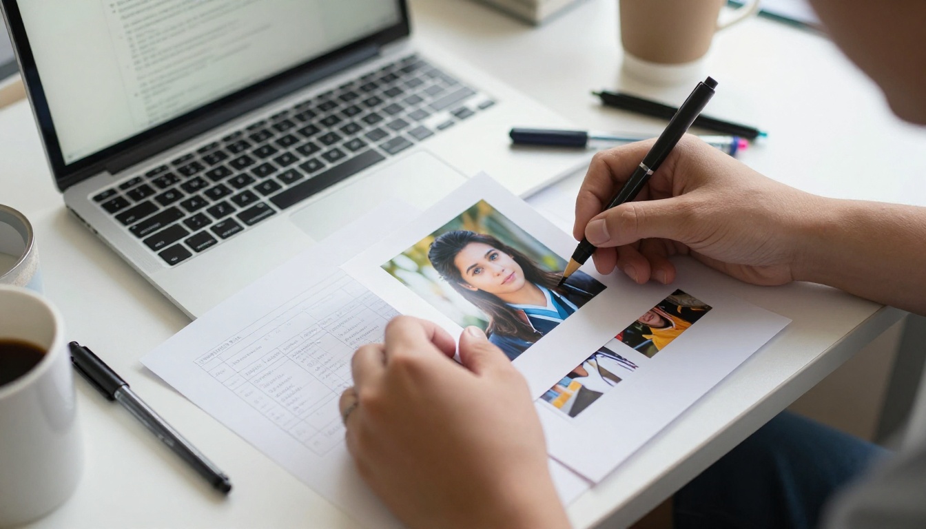 Student hands arranging printed class photos beside a laptop with a page layout