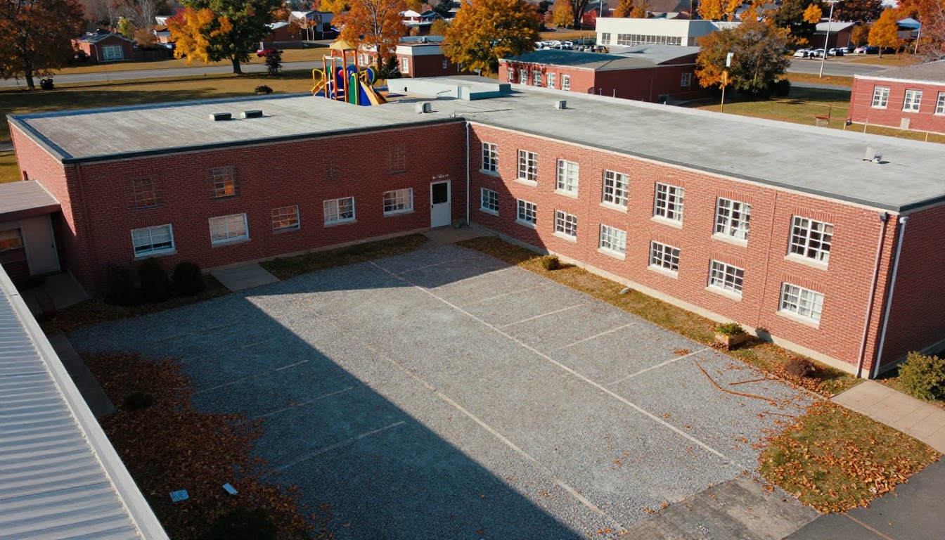 Aerial view of a small rural elementary school building in autumn