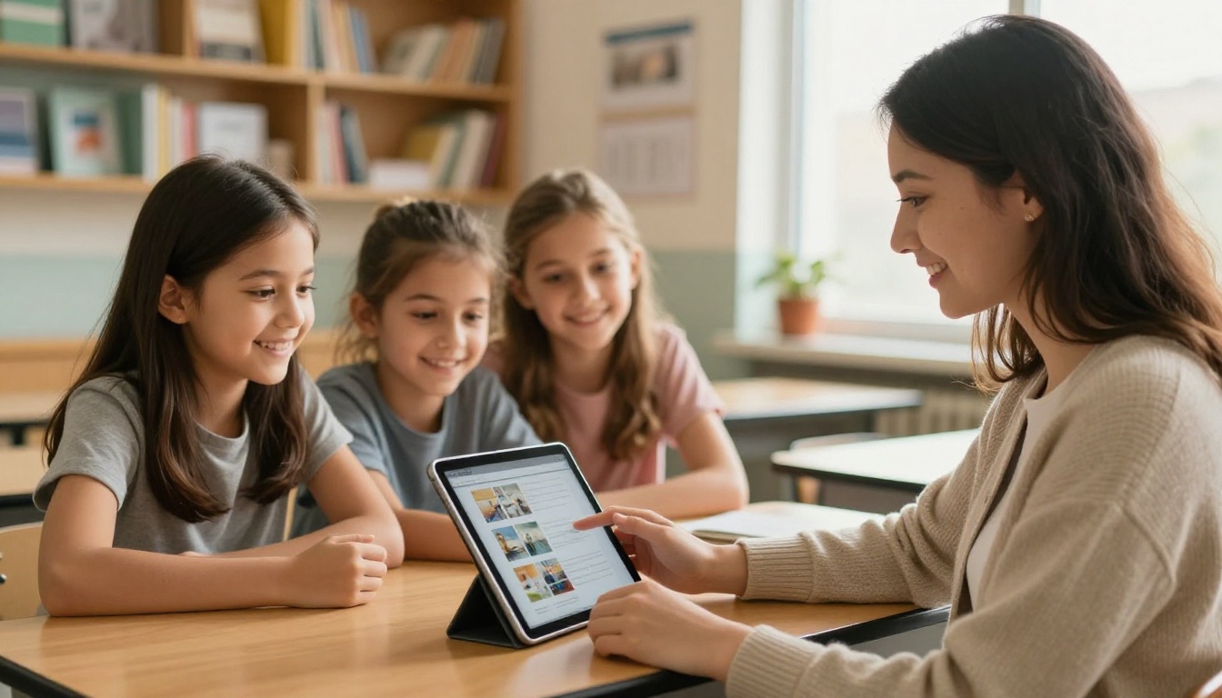 A teacher and two students viewing a digital page-flip yearbook on a tablet