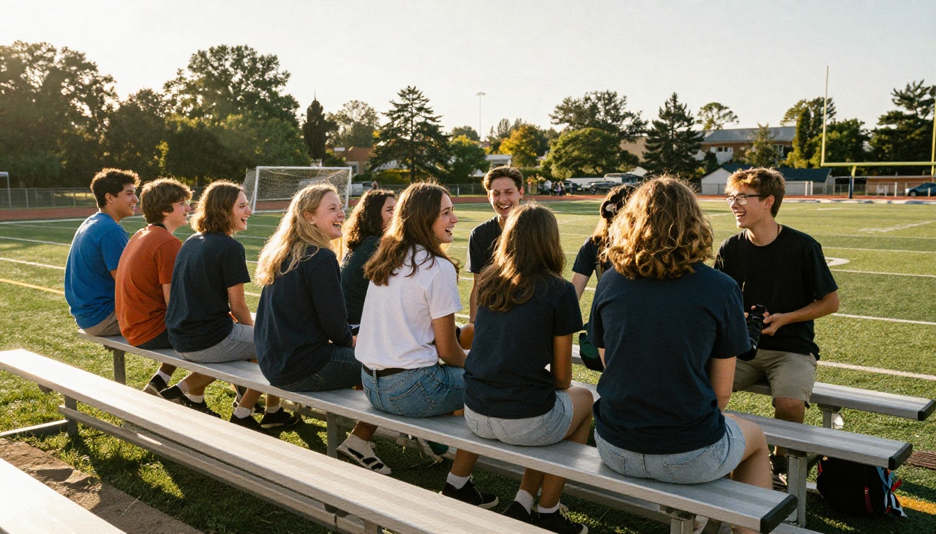 Students laughing together on bleachers during a sports day