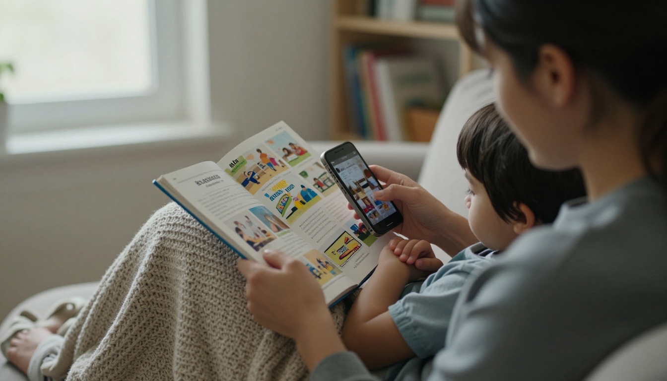 Family members viewing a school yearbook on a smartphone at home