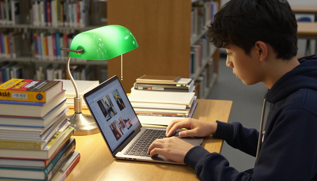 A student editing a photo spread on a laptop at a library desk