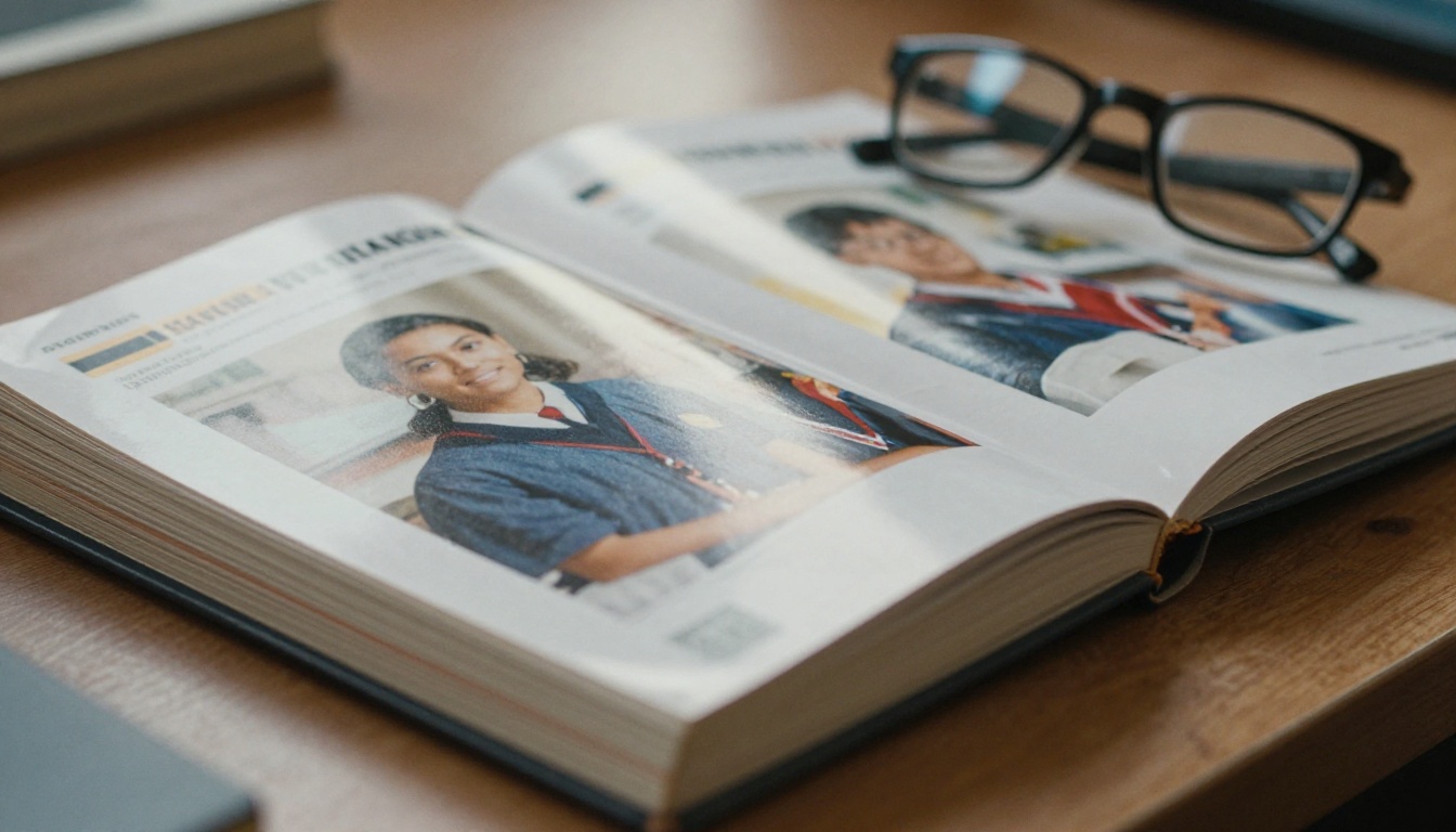 A stack of printed yearbooks on a school office counter