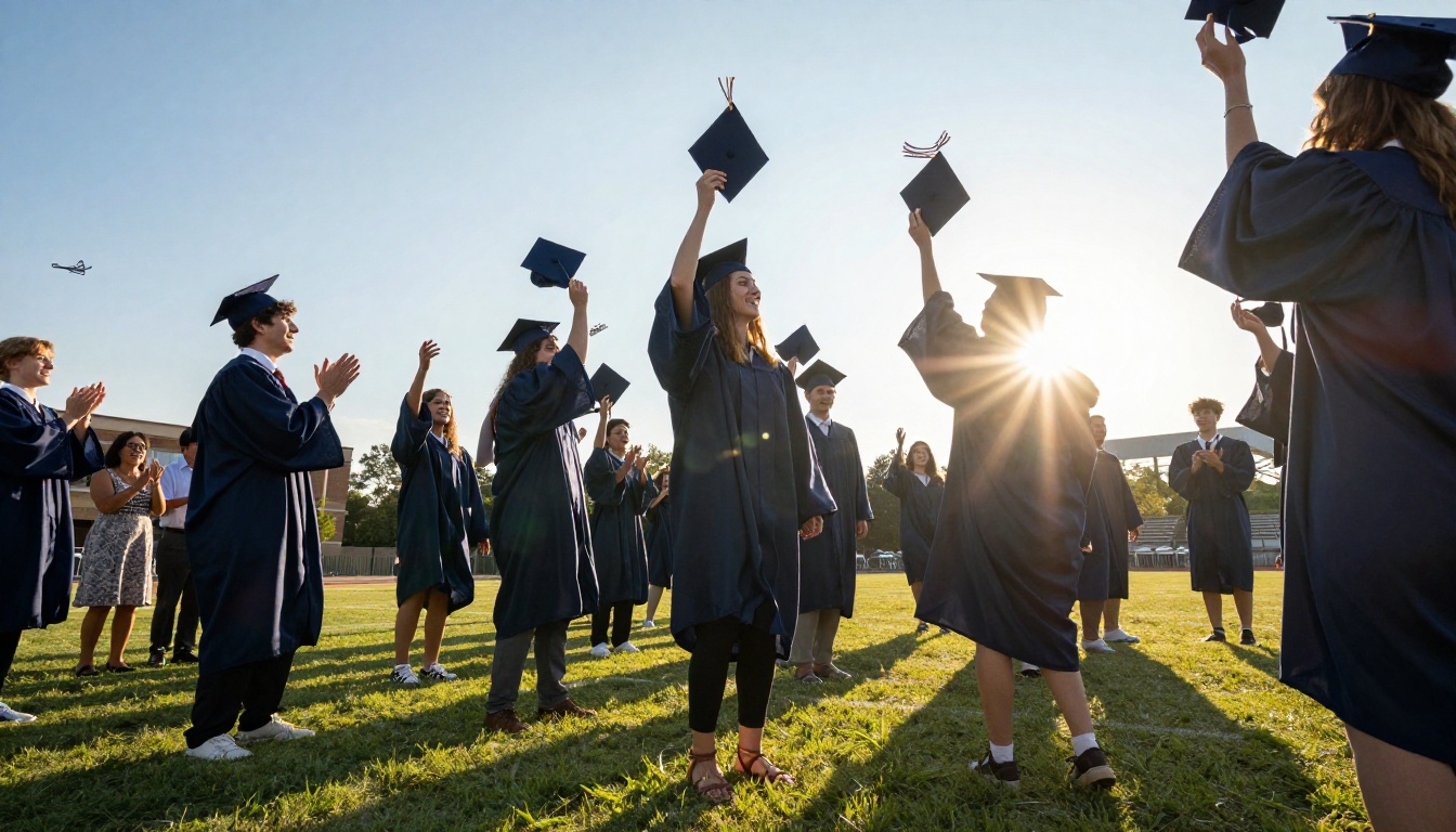 Graduates tossing their caps into the sky at an outdoor ceremony
