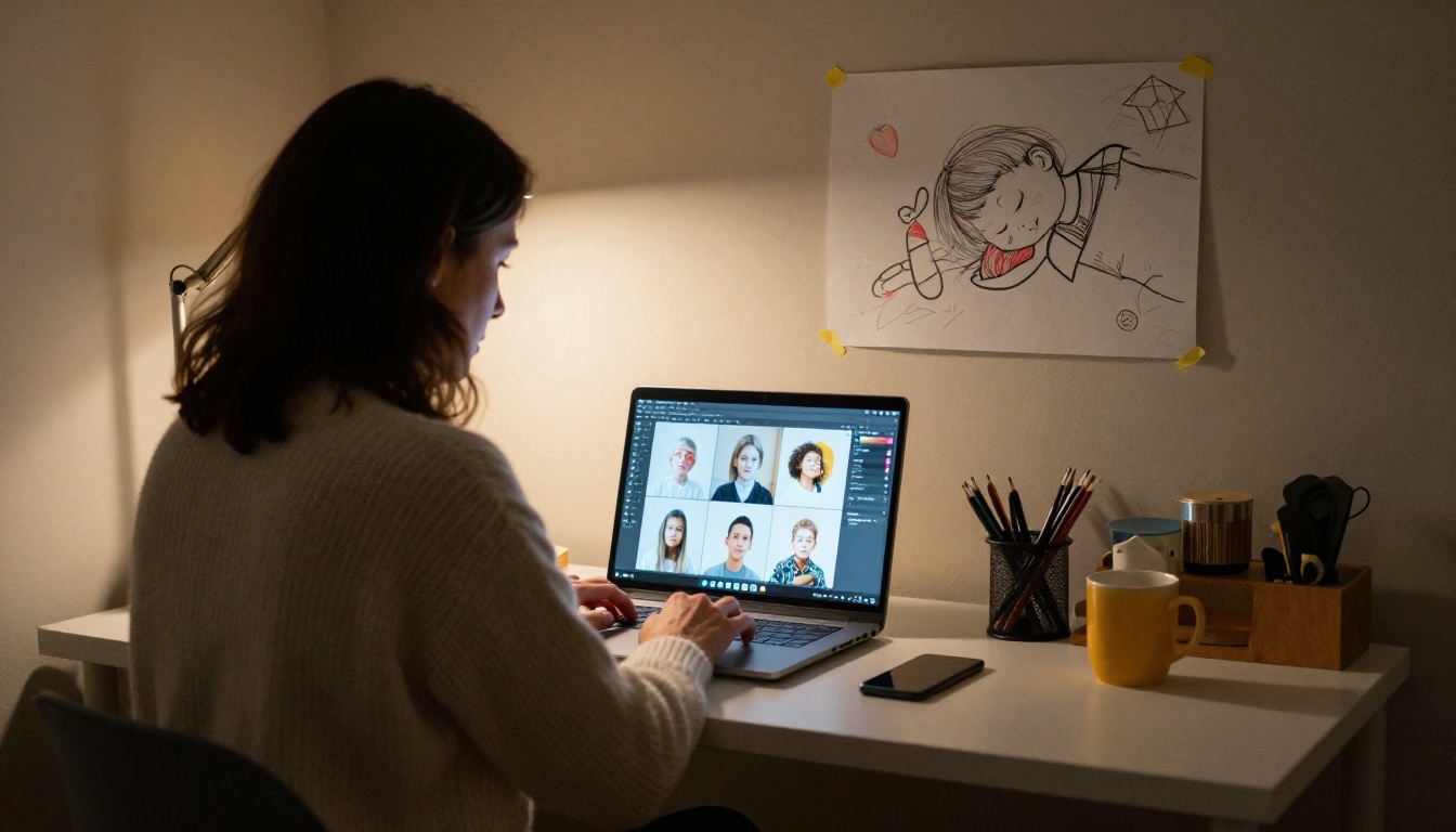 Mother reviewing an AI generated photo grid on a laptop at night