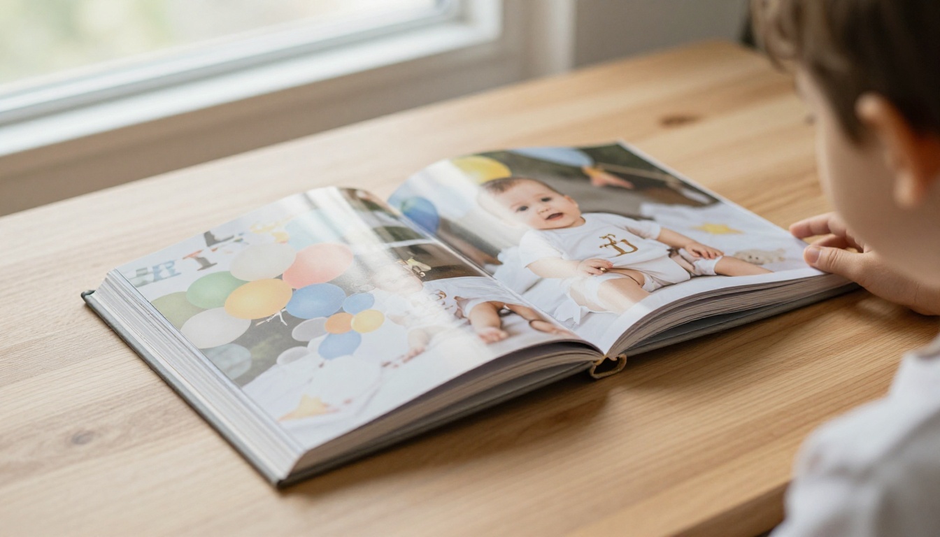Close-up of a printed hardcover photo book open on a light oak table