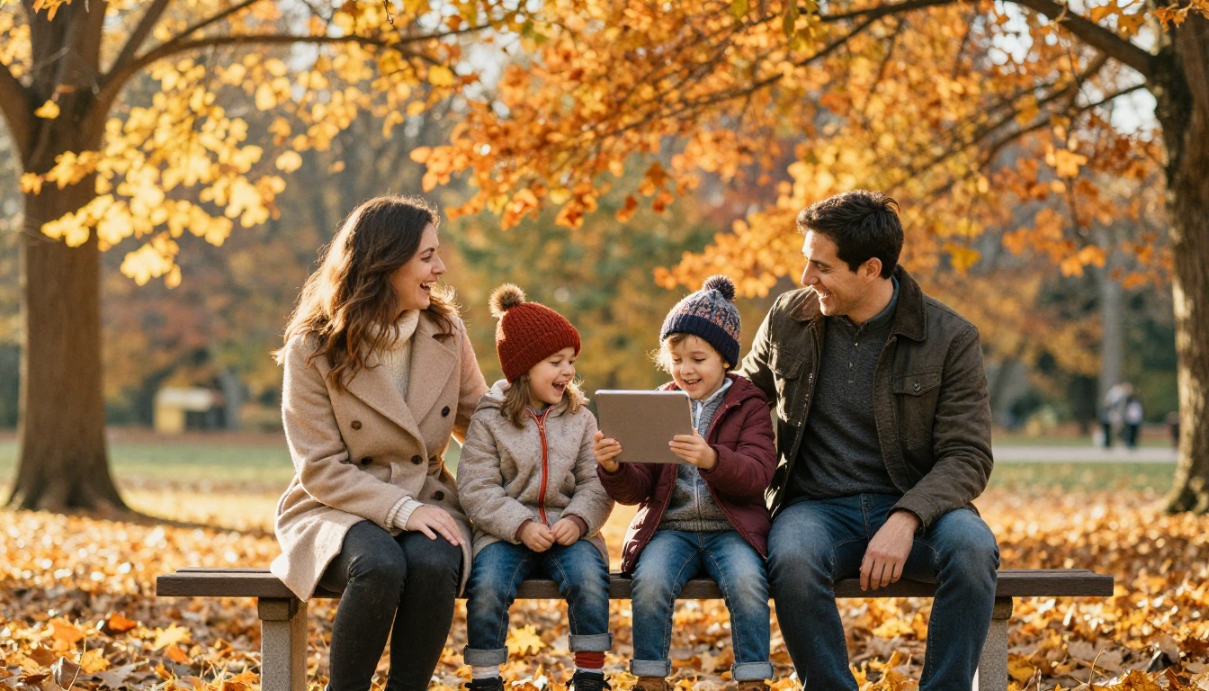 Family of four on an autumn park bench looking at a tablet together