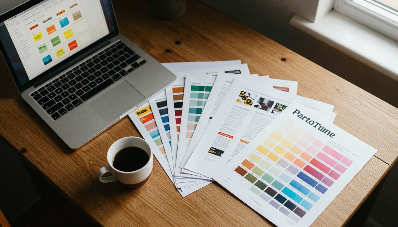 Overhead view of a desk with a laptop showing a branding project grid, printed posters and Pantone swatches