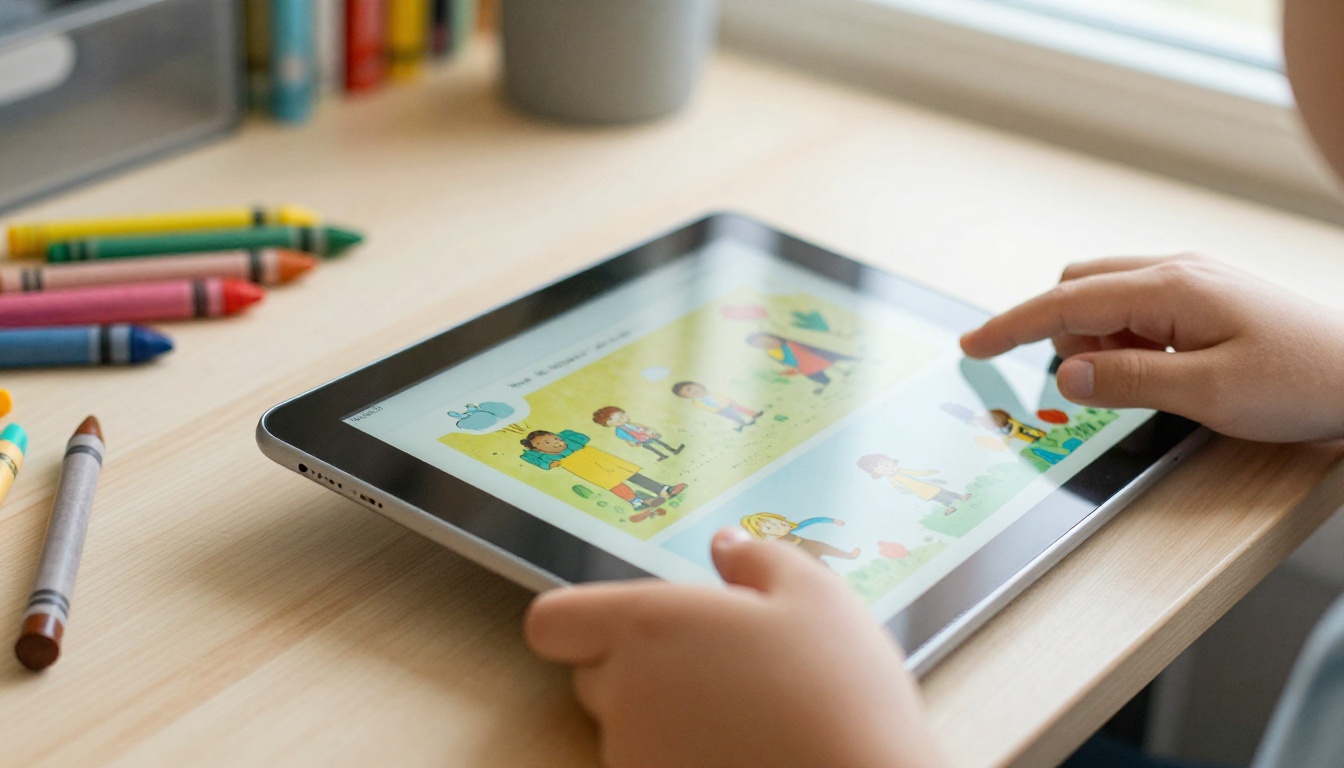 Child holding a tablet showing a storybook page Child holding a tablet showing a storybook page