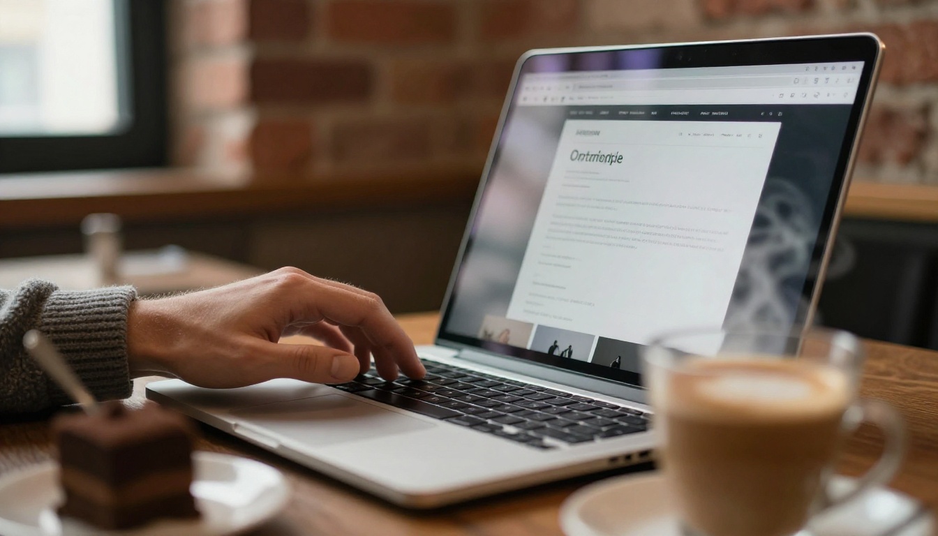 Close-up of hands scrolling a laptop displaying an image-led portfolio page in a cafe