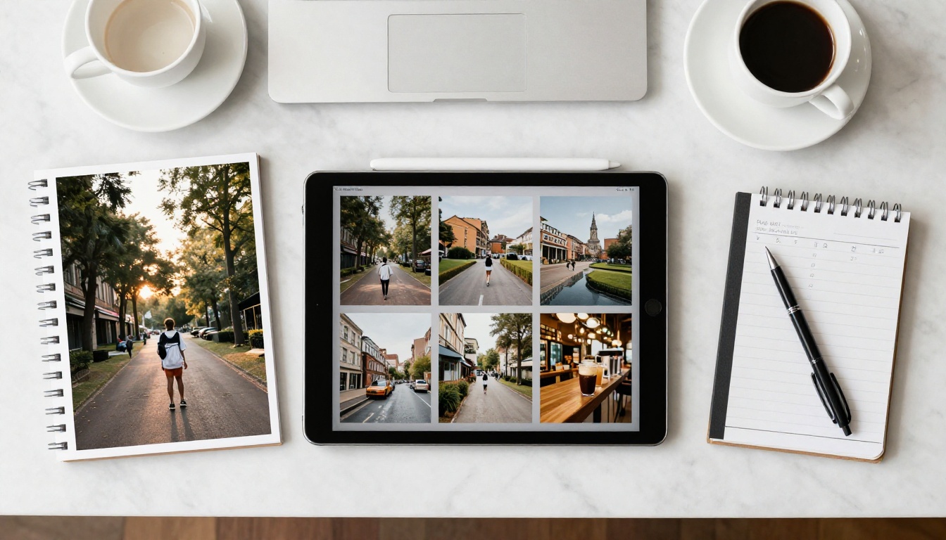 Flat lay of a tablet, printed photo books and a checklist on a marble counter