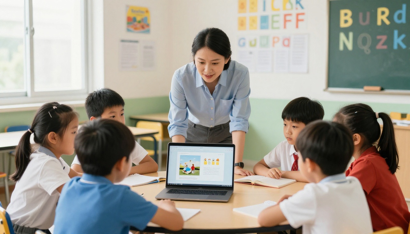 Teacher with students looking at a laptop showing a picture book layout Teacher with students looking at a laptop showing a picture book layout