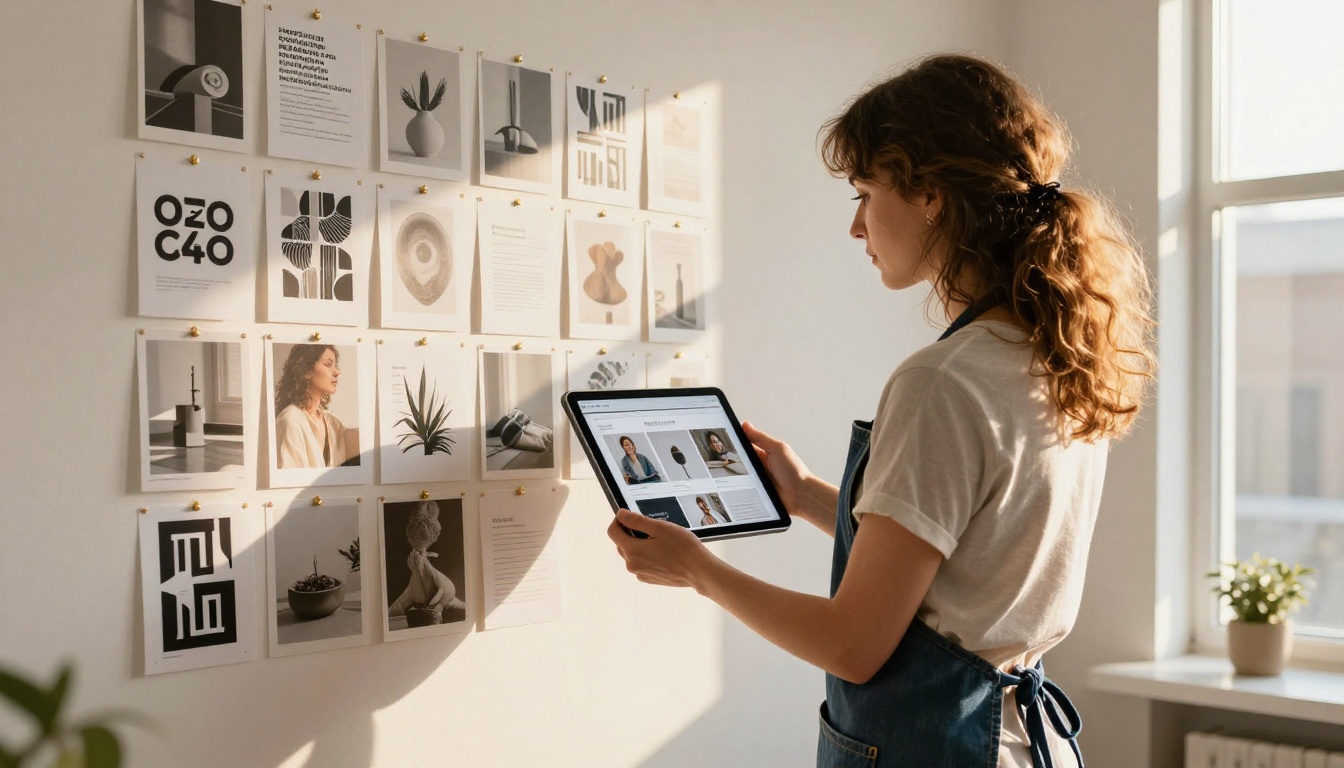 Woman in a denim apron holding a tablet showing a template-based portfolio with photographic tiles