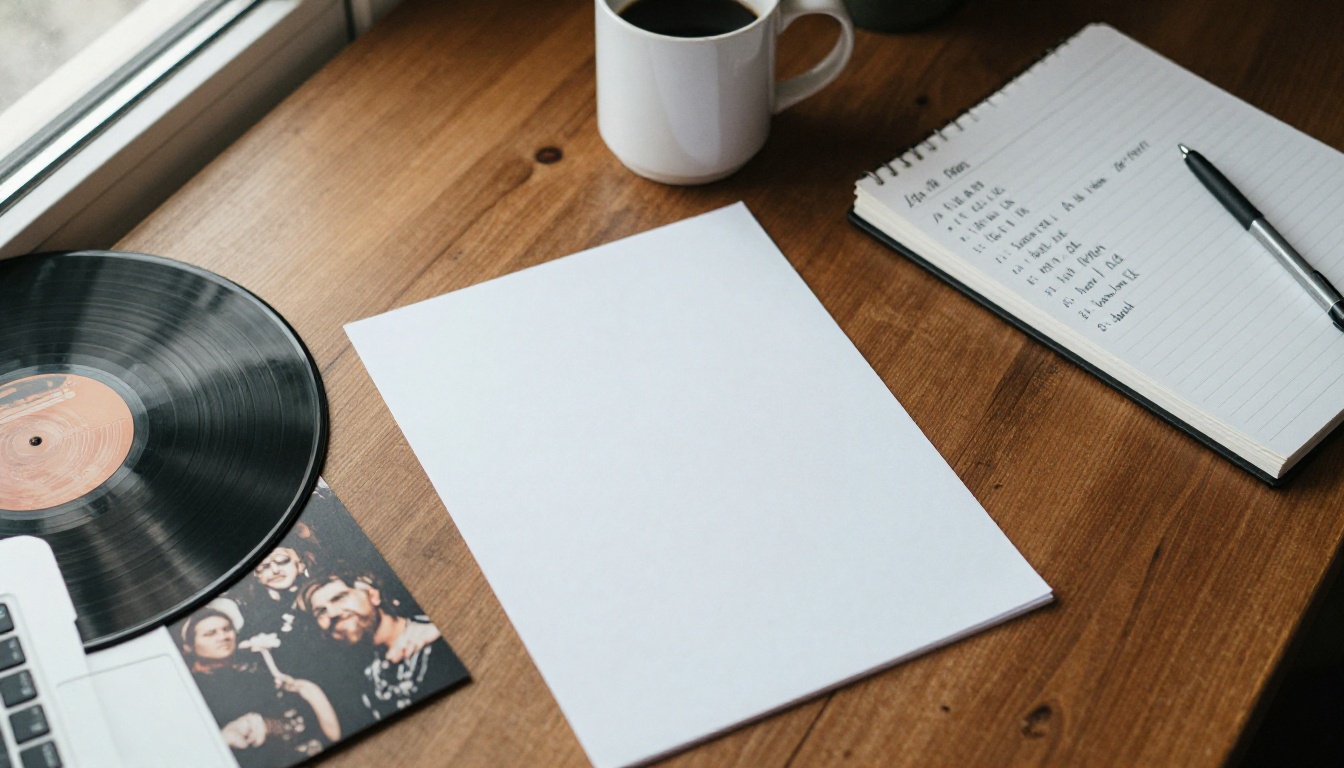 Overhead view of a musician's desk with a laptop, printed band photo and tour notebook