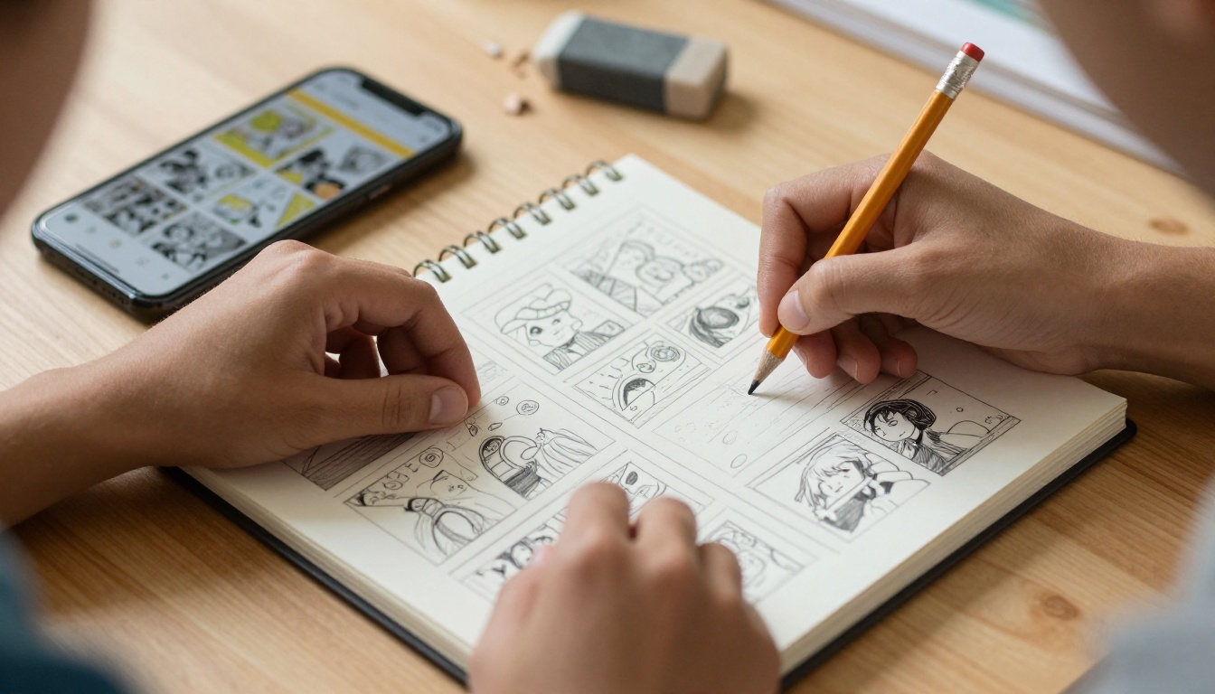 A beginner sketching comic panels on a tablet beside a tidy sketchbook A beginner sketching comic panels on a tablet beside a tidy sketchbook