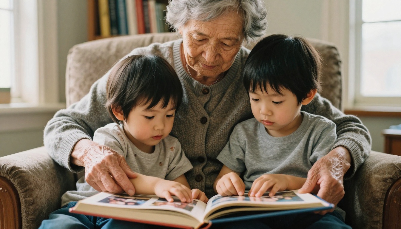 Grandmother and grandchild looking through a photo book together in an armchair