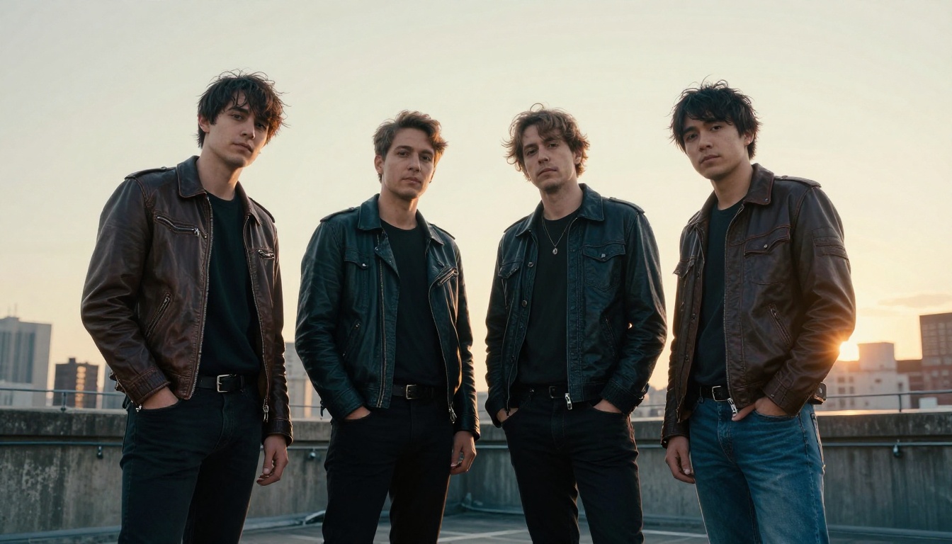 Four-piece indie band posing on a rooftop at dusk for a press photo