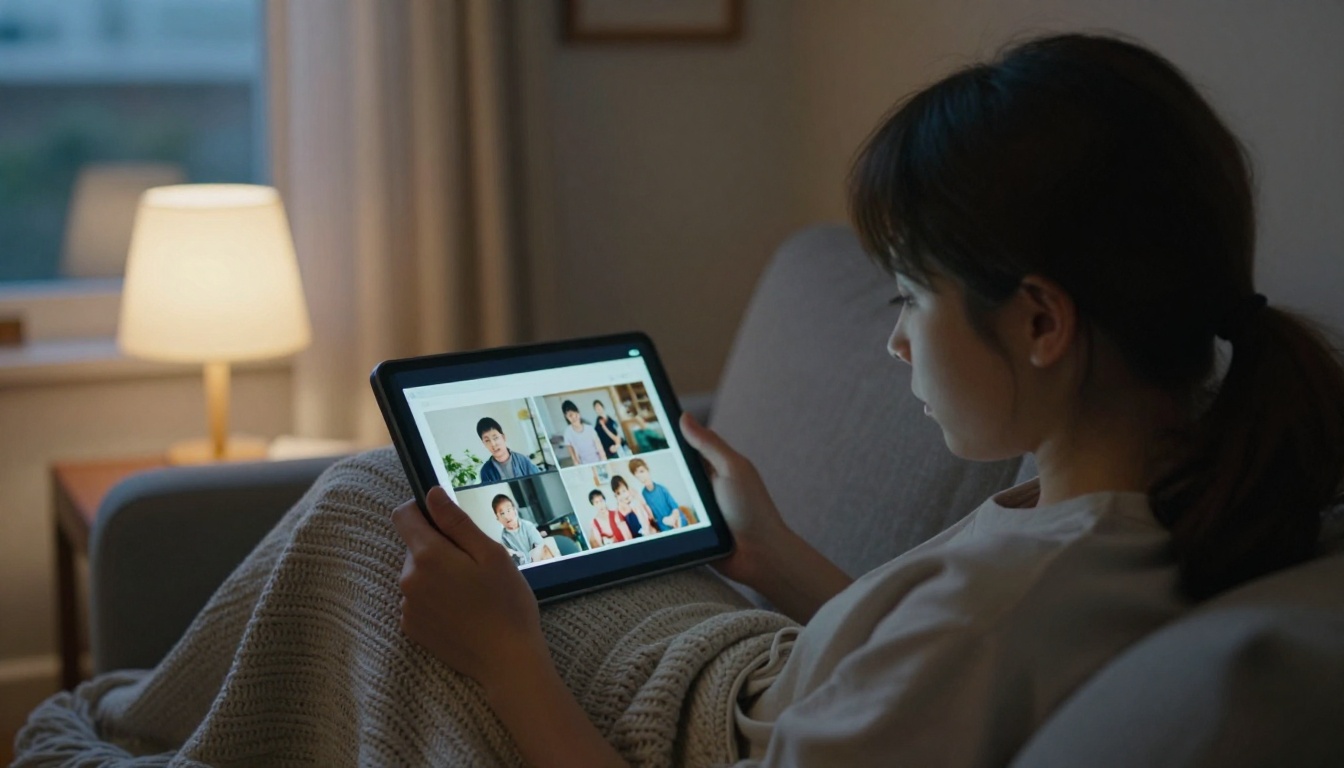 Mother and son on a couch looking at a digital flipbook on a tablet