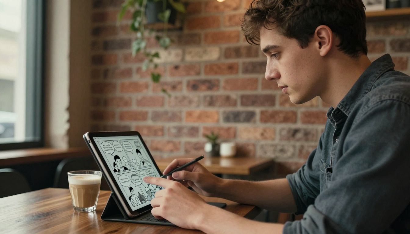 A young creator arranging speech bubbles on a tablet at a café table A young creator arranging speech bubbles on a tablet at a café table