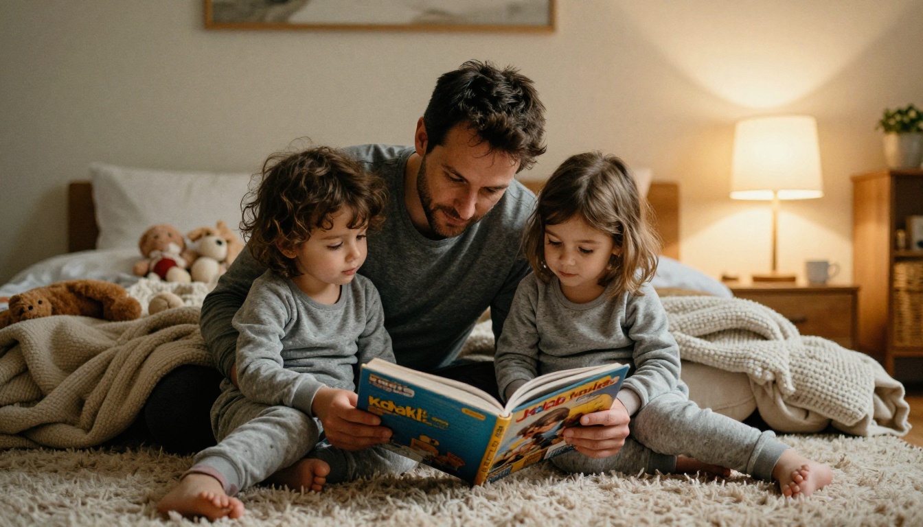 Father reading a printed picture book to two young children in pajamas Father reading a printed picture book to two young children in pajamas
