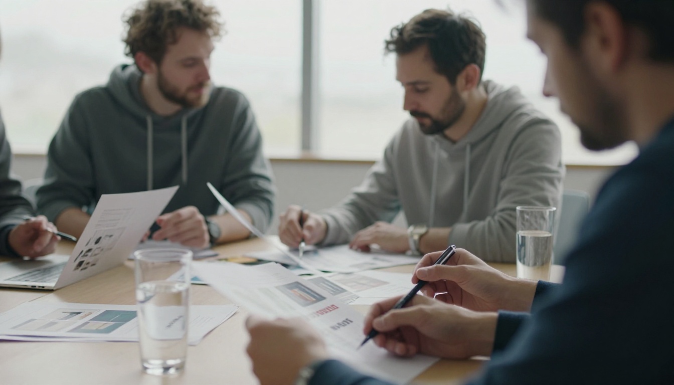 Art director reviewing a printed portfolio booklet at a meeting table