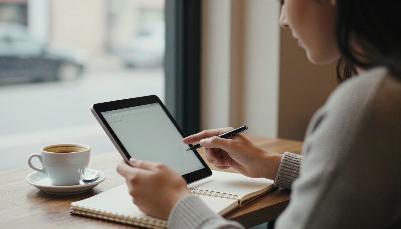 Booking agent reading a band's press kit on a tablet at a cafe table