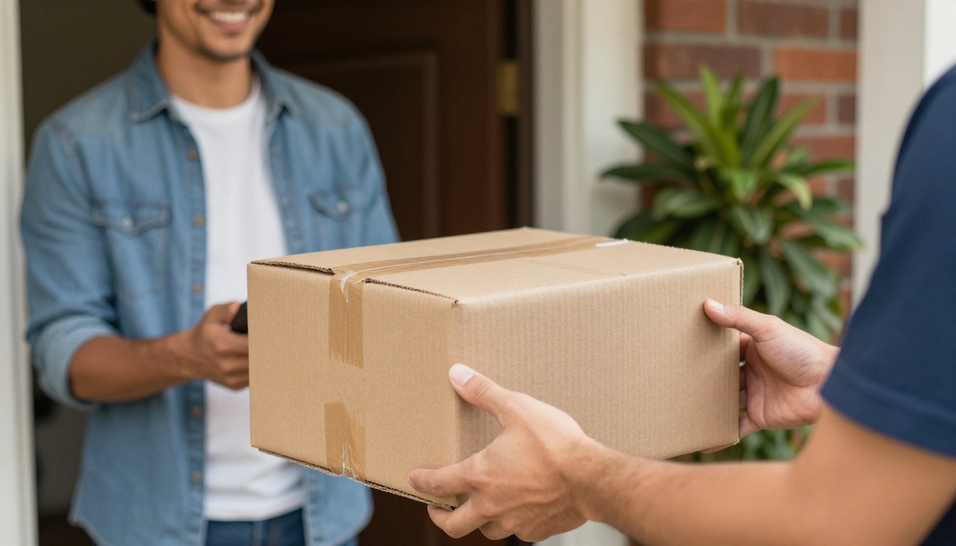 Courier handing a package to a smiling parent at the front door