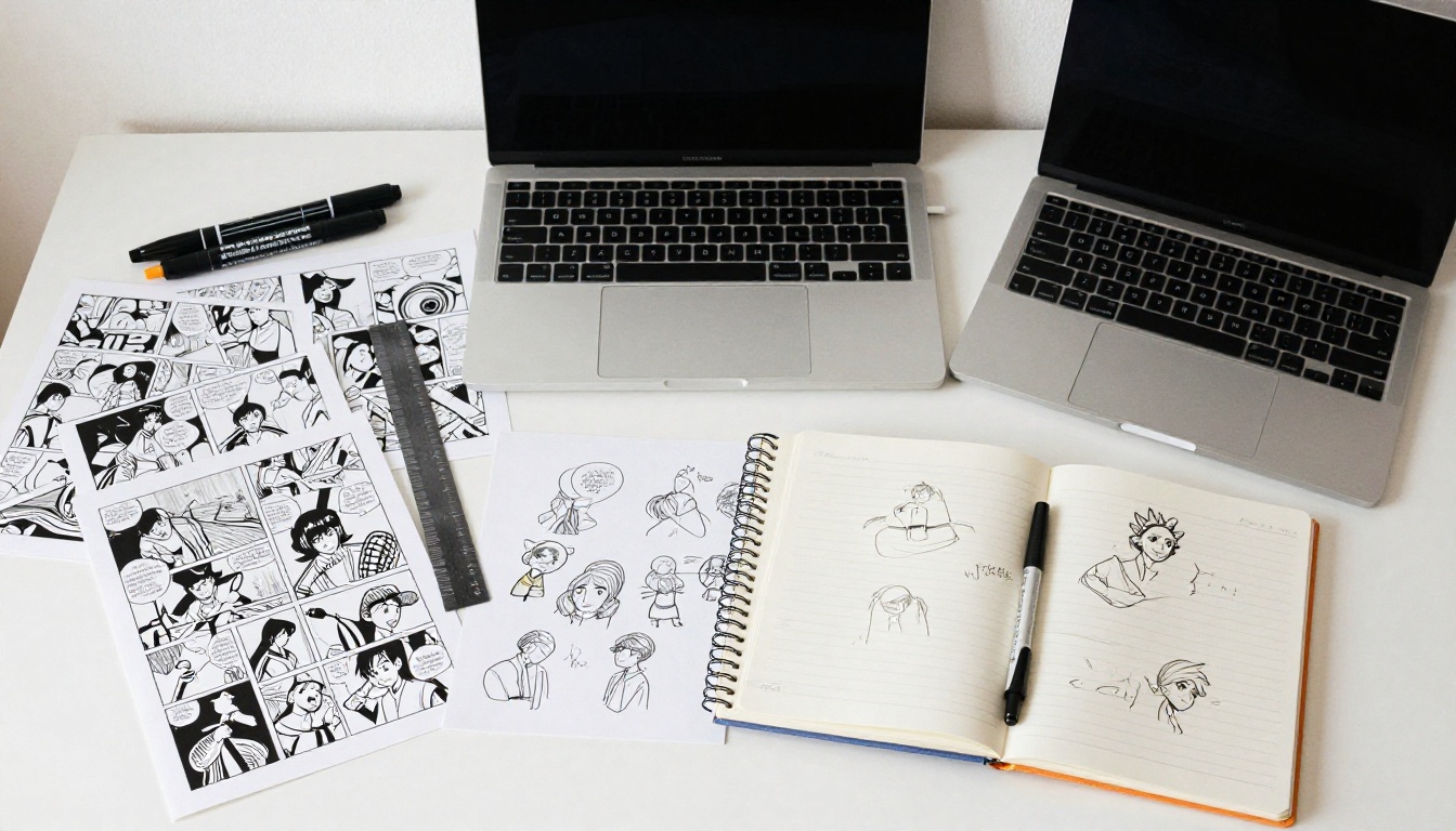 A flat lay of a laptop, comic pages, markers and a notebook of character sketches A flat lay of a laptop, comic pages, markers and a notebook of character sketches